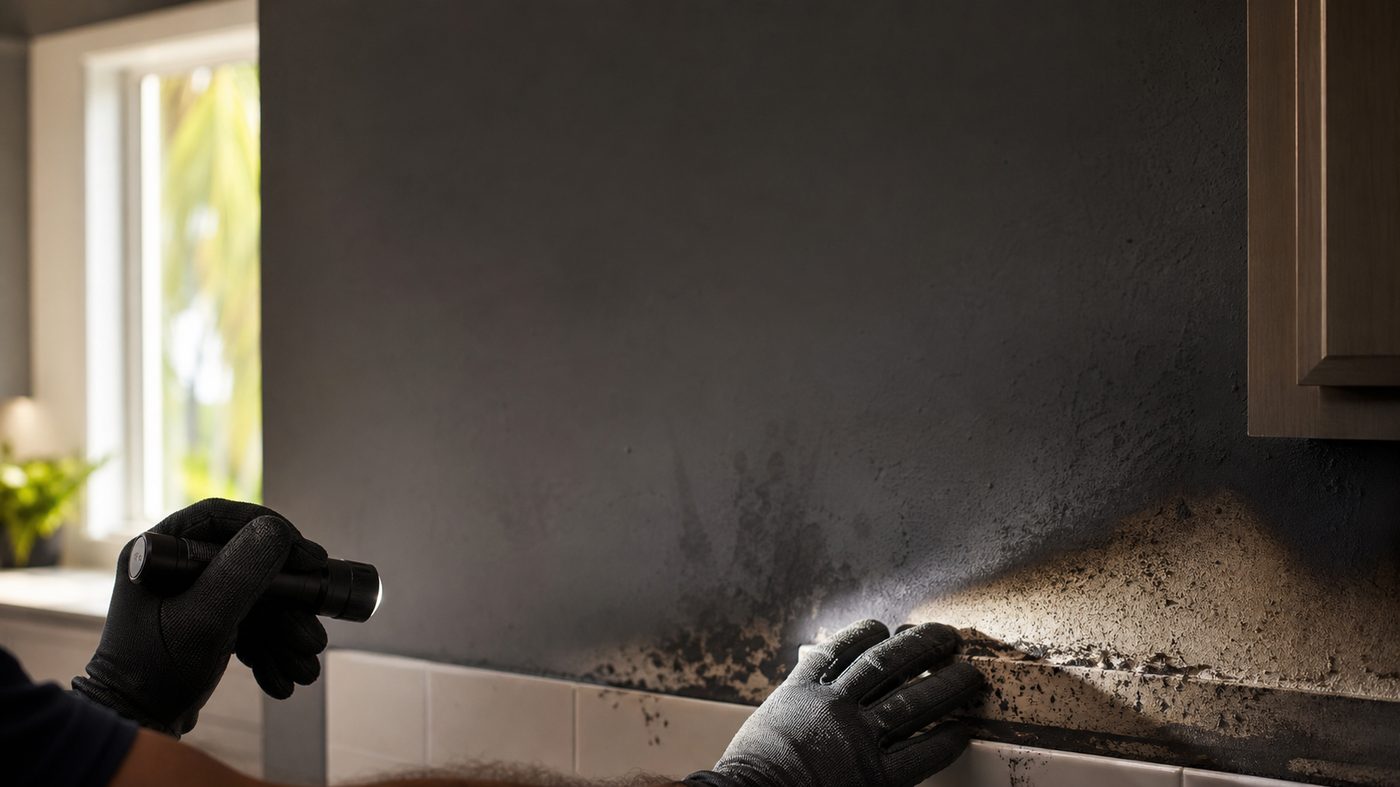 Documenting soot and smoke damage on a kitchen wall during a free fire damage inspection
