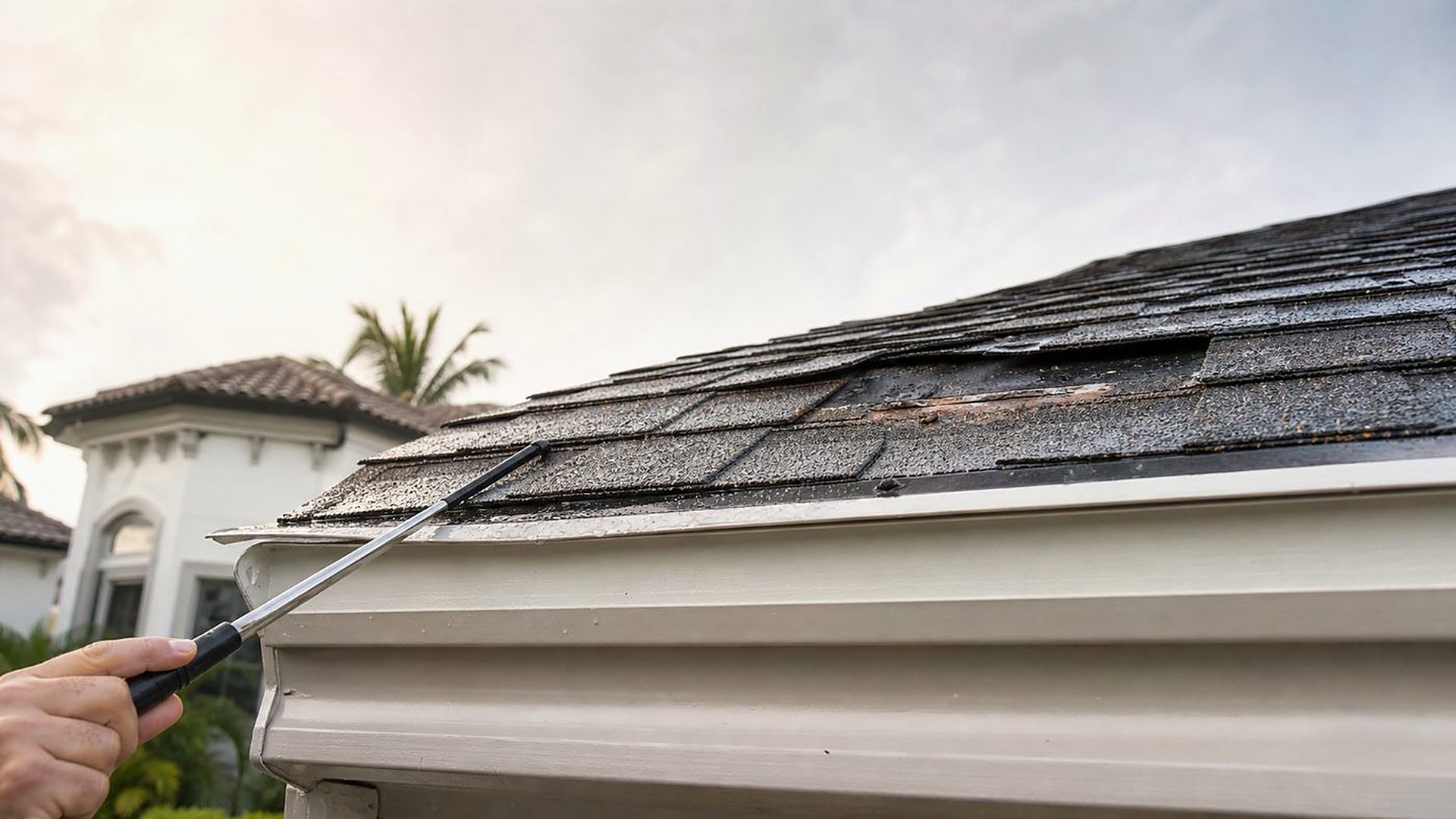Close inspection of storm-damaged shingles on a South Florida roof during a free hurricane damage inspection